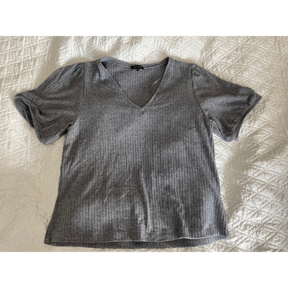 1.STATE Ribbed Knit Top Gray V-Neck Puff Short Sleeve Stretch Casual Tee-XXL